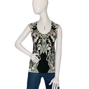 WHBM Top Sleeveless Black Floral print Gold Detail on Neck Size XS